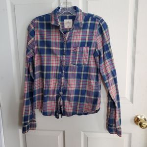 Hollister Navy Blue and Pink Plaid Flannel Shirt.